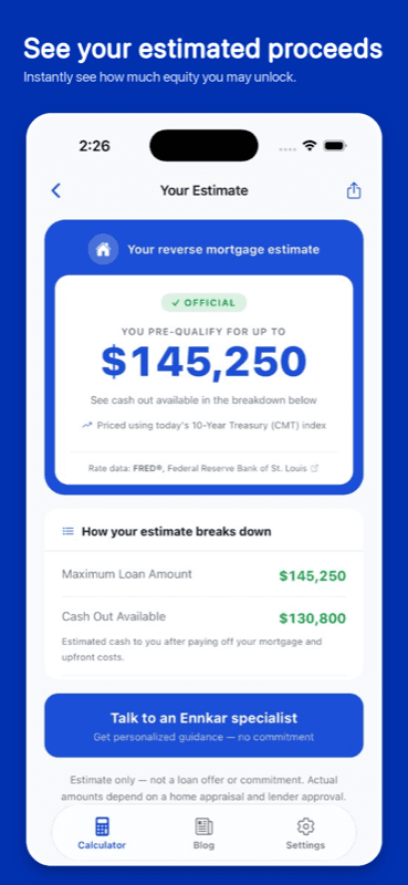 Ennkar Connect reverse-mortgage calculator screen on iOS