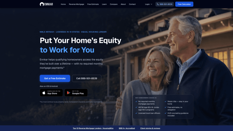 ennkar.com homepage hero, showing the reverse-mortgage estimate call to action